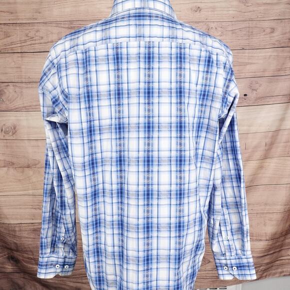 Bugatchi Uomo Shirt Mens Large Blue White Plaid Long Sleeve Button Down Casual - Picture 4 of 8